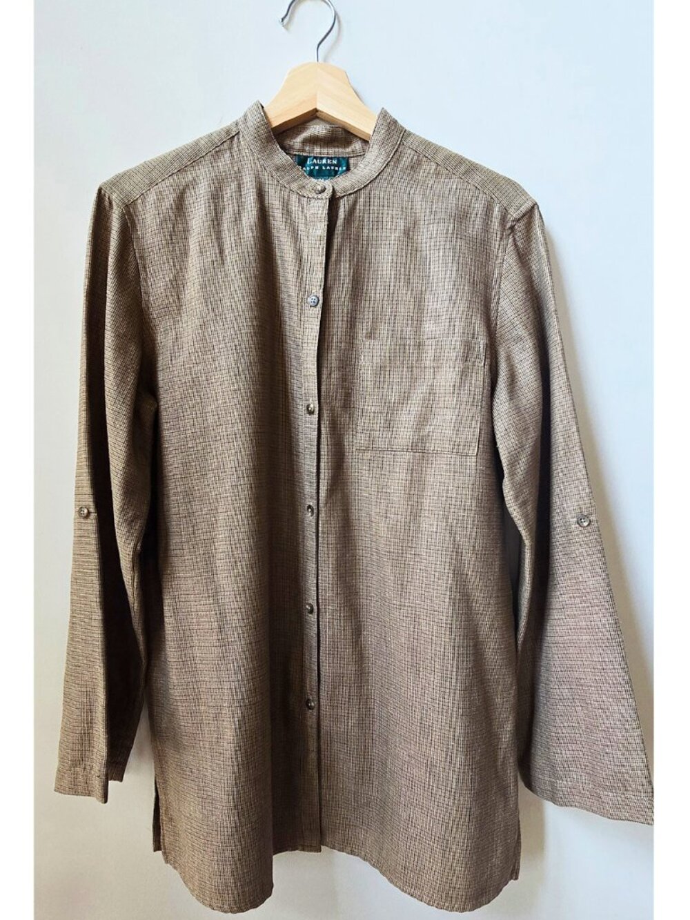 Ralph Lauren Brown Cream Mini Houndstooth Wool Silk Linen Tunic Blouse Medium M
